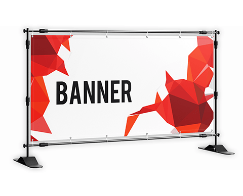 Banner tipărit montat pe cadru metalic autoportant, cu grafică roșie