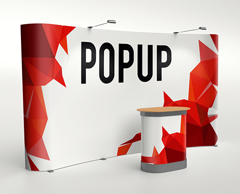 Perete pop-up textil curbat, cu grafică roșie și pupitru de prezentare