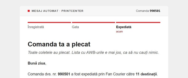 Emailul de expediere pentru sediul central: comanda a plecat către toate destinațiile