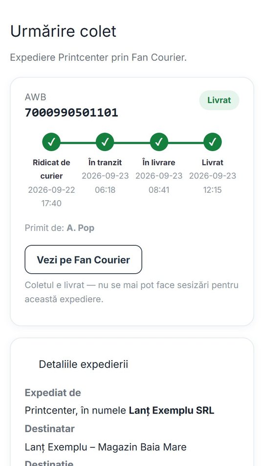 Pagina de urmărire a coletului, pe telefon